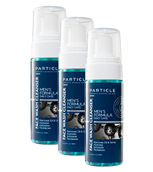 Three bottles of Particle Face Wash Cleanser standing diagonally.