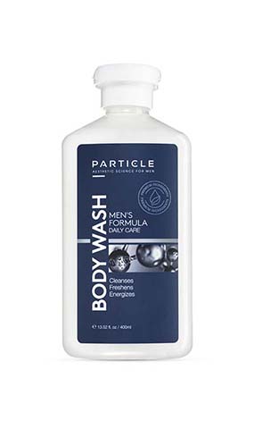 Bottle of Particle Men's Body Wash with a blue label.