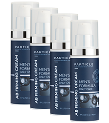 Four bottles of Particle Men's Formula AB Firming Cream, arranged in a row.