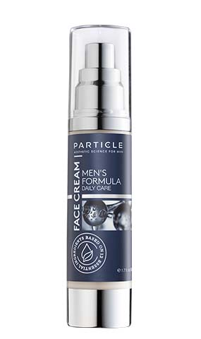 A cylindrical bottle with a pump dispenser labeled Particle Men's Formula Daily Care Face Cream.