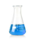 A clear flask containing blue liquid.
