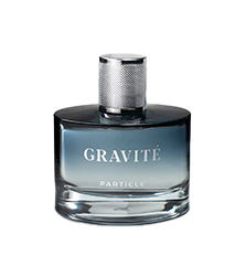 Perfume bottle labeled Gravité particle with a metallic cap.