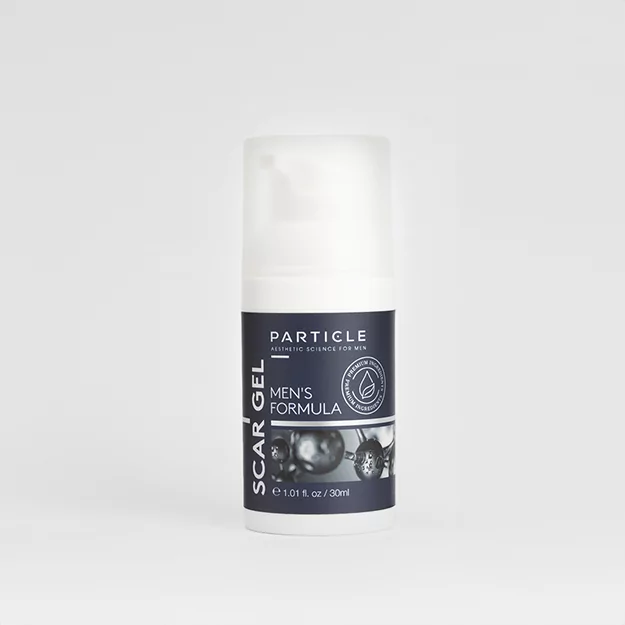 Particle Scar Gel Men's Formula White pump bottle on a plain background.