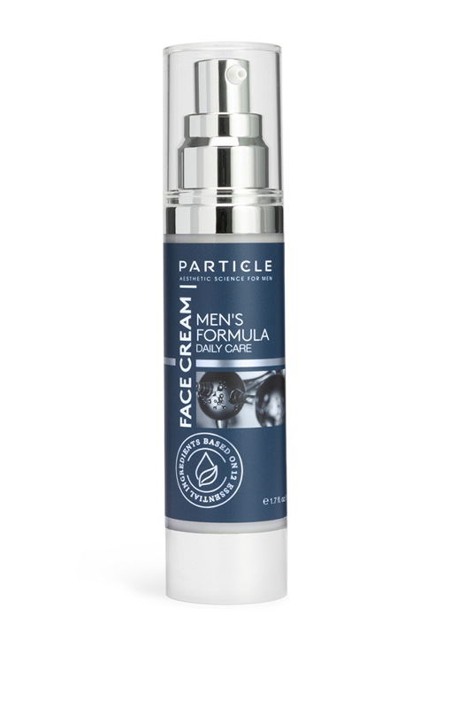 Particle For Men Face cream in white bottle with blue-gray label on white background.