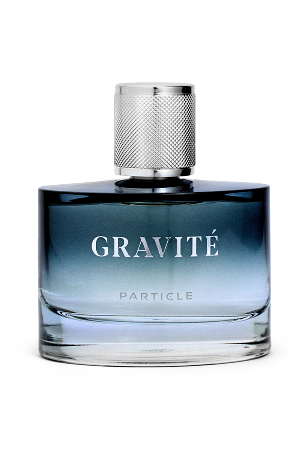 Perfume bottle with Gravité Particle label on a white background.